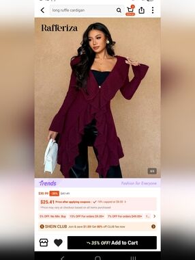 SHEIN Burgundy Asymmetrical Ruffle Cardigan